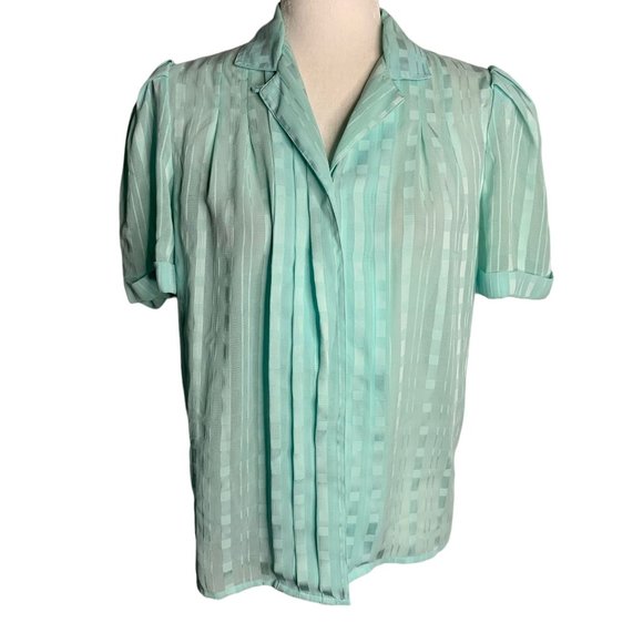 Vintage Button Up Pleated Blouse 6 Blue Striped Slightly Sheer Short Sleeve - Picture 1 of 6